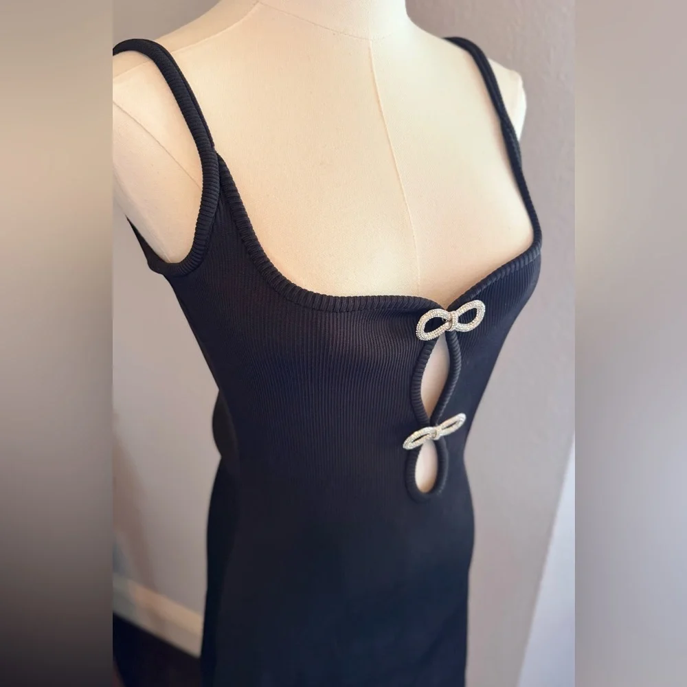 MACH & MACH Crystal Bow Ribbed Black Mini Dress - Picture 7 of 16